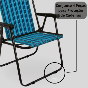 Kit Cadeira de Praia Xadrez Marine em Ao Mor + Protetor para o P da Cadeira Quadrado Preto Evita Riscos