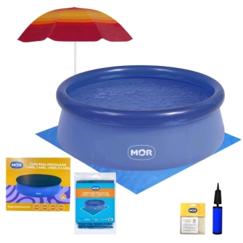 Kit Piscina Infantil 1000 Lts Inflavel + Capa e Forro + Guarda Sol Fashion 1,50m + Mini Bomba