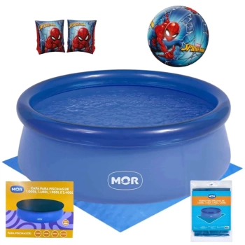 Kit Piscina Infantil 1000lts Mor Redonda Inflavel + Capa e Forro + Bola e Boia de Bra�o Homem Aranha