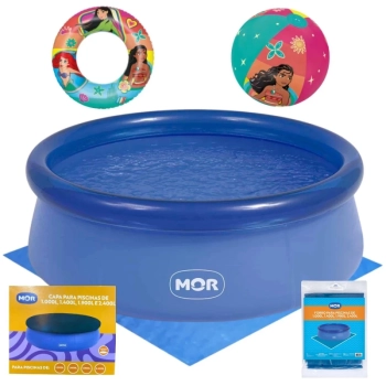 Kit Piscina Infantil 1000lts Mor Redonda Inflavel + Capa e Forro + Bola e Boia Circular Princesas Disney