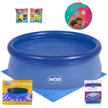 Kit Piscina Infantil 1000lts Mor Redonda Inflavel + Capa e Forro + Bola e Boia de Brao Princesas Disney