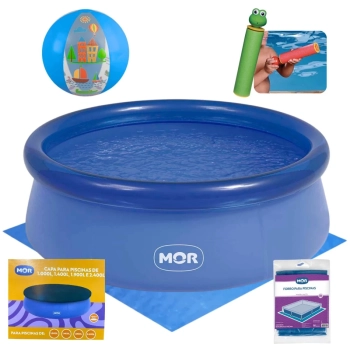 Kit Piscina Infantil 1000 Lts Redonda Inflavel + Capa e Forro + Bola Azul 40cm + Lana gua Bichinhos