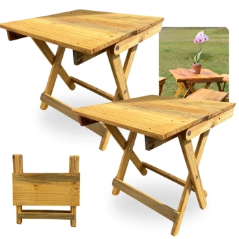 Kit 2 Mesas Dobraveis de Madeira Baixas Rustica Artesanal para Camping, Pesca e Jardim