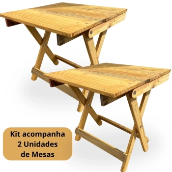 Kit 2 Mesas Dobraveis de Madeira Baixas Rustica Artesanal para Camping, Pesca e Jardim