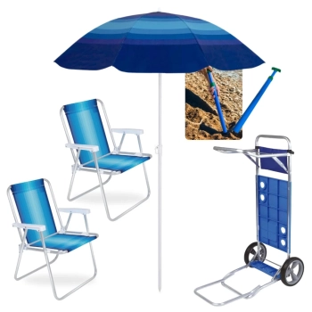 Kit 2 Cadeiras de Praia Alta Alumnio + Carrinho com Avano + Guarda Sol 1,50 M + Saca Areia Pesca