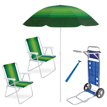Kit 2 Cadeiras de Praia Alta Alumnio + Carrinho com Avano + Guarda Sol 1,50 M + Saca Areia Pesca