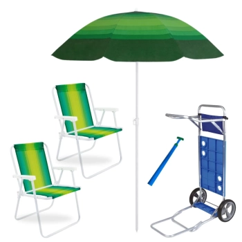 Kit 2 Cadeiras de Praia em Ao + Carrinho com Avano + Guarda Sol Fashion 1,50 M + Saca Areia Parque