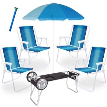 Kit 4 Cadeiras de Praia em Ao + Carrinho com Avano + Guarda Sol 1,50 M + Saca Areia