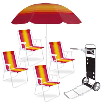 Kit 4 Cadeiras de Praia em Ao + Carrinho com Avano + Guarda Sol Fashion 1,50 M + Saca Areia Parque