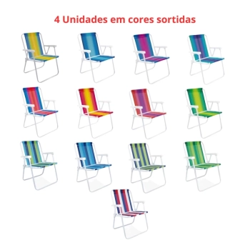 Kit 4 Cadeiras de Praia em Ao + Carrinho com Avano + Guarda Sol Fashion 1,50 M + Saca Areia Parque