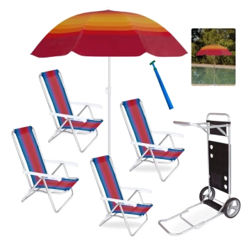 Kit 4 Cadeiras Praia 4 Posi Alumnio + Carrinho com Avano + Guarda Sol 1,50 M + Saca Areia Pesca