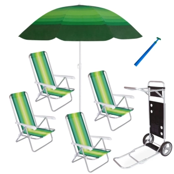 Kit 4 Cadeiras Praia 4 Posi Alumnio + Carrinho com Avano + Guarda Sol 1,50 M + Saca Areia Pesca