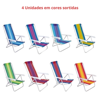 Kit 4 Cadeiras Praia 4 Posi Alumnio + Carrinho com Avano + Guarda Sol 1,50 M + Saca Areia Pesca
