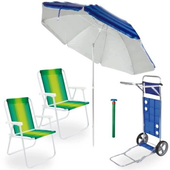 Kit 2 Cadeiras de Praia em Ao + Carrinho com Avano + Guarda Sol Azul Articulado 2,40 M + Saca Areia