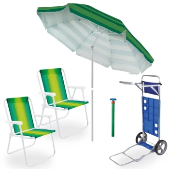 Kit 2 Cadeiras de Praia em Ao + Carrinho com Avano + Guarda Sol Verde Articulado 2,40 M + Saca Areia