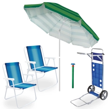 Kit 2 Cadeiras de Praia em Ao + Carrinho com Avano + Guarda Sol Verde Articulado 2,40 M + Saca Areia