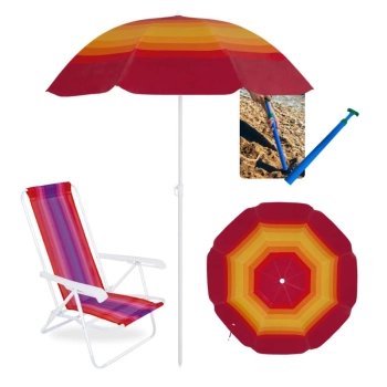 Kit Cadeira de Praia 4 Posies Ao + Guarda-sol Fashion Fps 70 1,50 M + Saca Areia Colorido Pesca