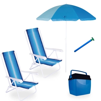 Kit 2 Cadeiras de Praia 4 Posiç em Aço + Caixa Termica 26 L + Guarda Sol 1,50 M + Saca Areia