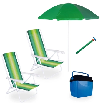 Kit 2 Cadeiras de Praia 4 Posiç em Aço + Caixa Termica 26 L + Guarda Sol 1,50 M + Saca Areia