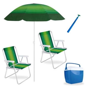 Kit 2 Cadeiras de Praia Alta Alumnio + Guarda Sol Fps 70 1,50 M + Caixa Trmica 18 L + Saca Areia