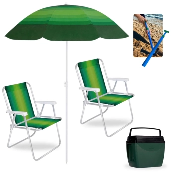Kit 2 Cadeiras de Praia em Alumnio + Guarda Sol 1,50 M + Saca Areia + Caixa Trmica 18 Lts Pescaria