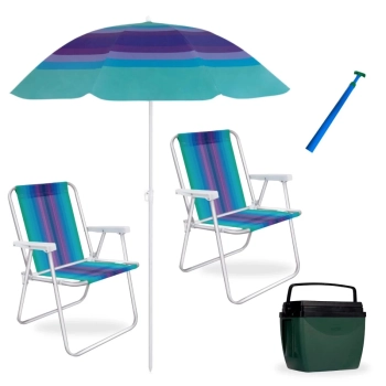 Kit 2 Cadeiras de Praia em Alumnio + Guarda Sol 1,50 M + Saca Areia + Caixa Trmica 18 Lts Pescaria