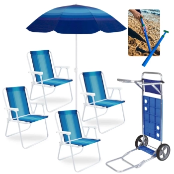 Kit 4 Cadeiras de Praia em Ao + Carrinho com Avano + Guarda Sol Fashion 1,50m + Saca Areia Piscina