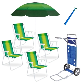 Kit 4 Cadeiras de Praia em Ao + Carrinho com Avano + Guarda Sol Fashion 1,50m + Saca Areia Piscina