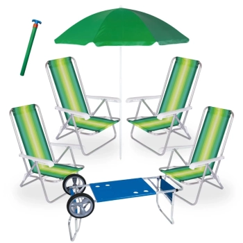 Kit 4 Cadeiras de Praia 4 Posi Aluminio + Carrinho com Avano Azul + Guarda Sol 1,50 M + Saca Areia