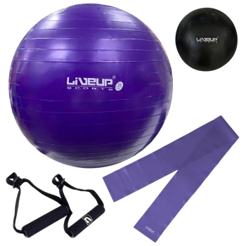 Kit Pilates Bola Sua 55cm + Faixa Elstica Mdia + Overball 25cm Preta + Par de Pegadores Yoga