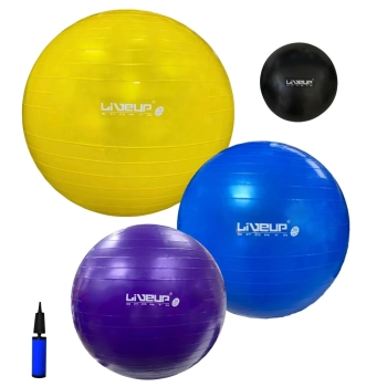Kit 3 Bolas Suas 55cm + 65cm + 75cm + Overball 25cm Preta e Mini Bomba Pilates, Yoga e Treino