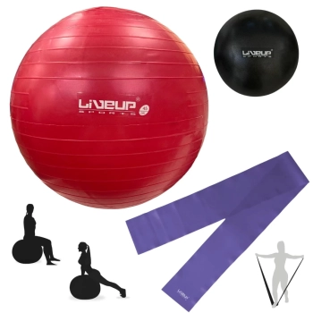 Kit Pilates Bola Sua 45cm Vermelha + Overball 25cm Preta + Faixa Elstica Mdia para Treino Yoga