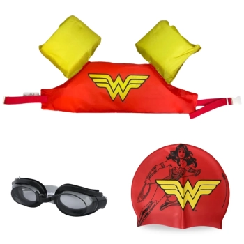 Kit Colete Infantil + Touca e culos de Natao Personagem Mulher Maravilha Liga da Justia para Praia