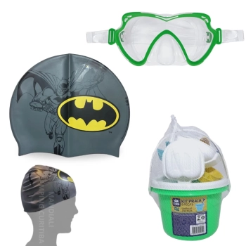 Kit Touca Infantil + Oculos de Natao com Proteo Nasal Personagem Batman + Baldinho para Praia