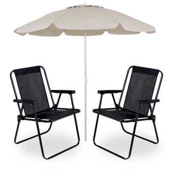 Kit 2 Cadeiras de Praia Pretas + Guarda Sol Bege 2 Metros em Bagum para Casa, Jardim, Parque