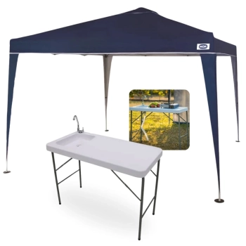 Kit Pia Lavatorio Portátil Mesa Dobravel Sink + Tenda Articulada 3x3m Gazebo X-flex Azul