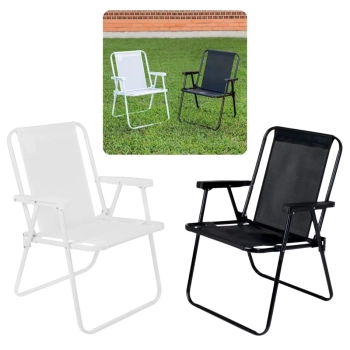 Kit 2 Cadeiras de Praia Alta Branca e Preta em Ao para Casa Jardim Parque e Pesca