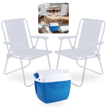Kit 2 Cadeiras de Praia Brancas + Caixa Termica Azul 18 Litros para Parque, Jardim e Passeios