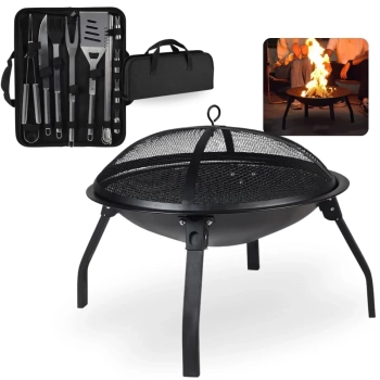 Kit Porttil em Inox 16 Peas Premium Completo com Estojo + Churrasqueira Lareira Brasa Porttil a Carvo