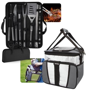Kit para Churrasco 16 Peas em Inox Premium com Estojo + Bolsa Trmica 24 Litros Ice Cooler Mor Dobrvel