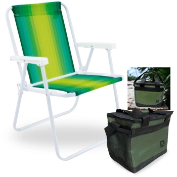 Kit Cadeira de Praia Alta Dobravel em Ao Colorida + Bolsa Termica Aruba 13,5l Parque Pesca
