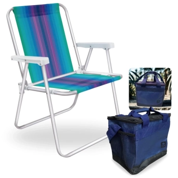 Kit Cadeira de Praia Alta Dobravel em Aluminio Colorida + Bolsa Termica Aruba 13,5l Parque Pesca