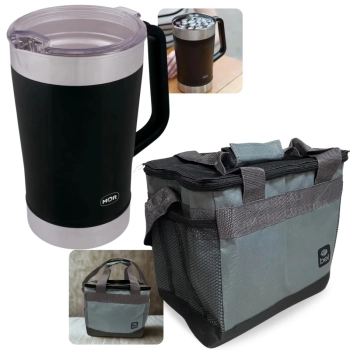 Kit Jarra Termica Preta 1,9l Ao Inox com Tampa + Bolsa Termica Aruba 13,5l Praia Camping e Viagens