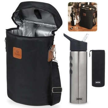 Kit Bolsa Trmica Malbec para 2 Garrafas de Vinho + Garrafa de Ao Squeeze com Capa Sport To Go 750 Ml