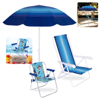 Kit Cadeira de Praia Infantil Patrulha Canina Azul + Cadeira de Praia Reclinvel+ Guarda Sol 1,50 M