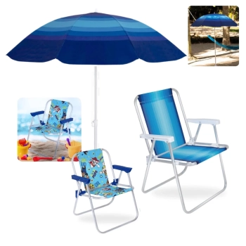 Kit Cadeira Praia Infantil Azul Patrulha Canina + Cadeira Alta Alumnio + Guarda Sol 1,50 M Piscina