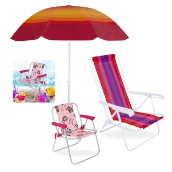 Kit Cadeira Infantil Rosa Patrulha Canina + Cadeira Praia Adulto 4 Pos Colorida + Guarda Sol 1,50m