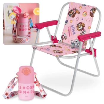 Kit Cadeira de Praia Infantil Rosa Patrulha Canina + Garrafa Trmica Kids 500ml em Inox