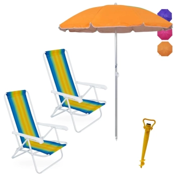 Kit 2 Cadeiras de Praia 4 Pos em Ao + Guarda Sol 1,60m Colorido + Saca Areia Amarelo