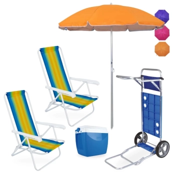 Kit 2 Cadeiras de Praia 4 Pos Ao + Carrinho Avano + Guarda Sol Colorido 1,60m + Caixa Termica 18l Azul